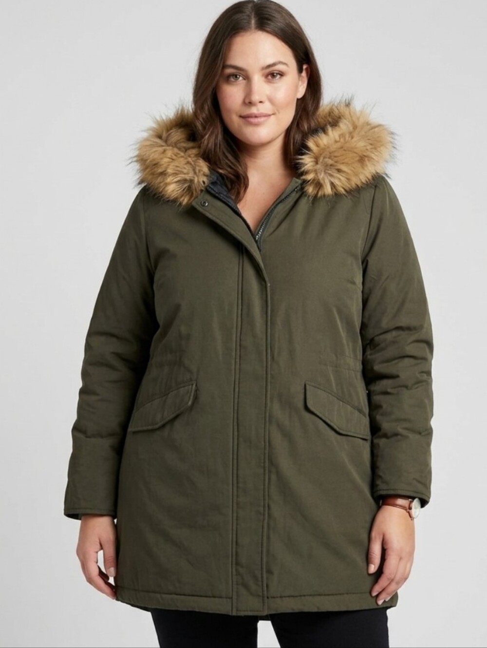 Olive Reversible Parka with Faux Fur Hood NWOT